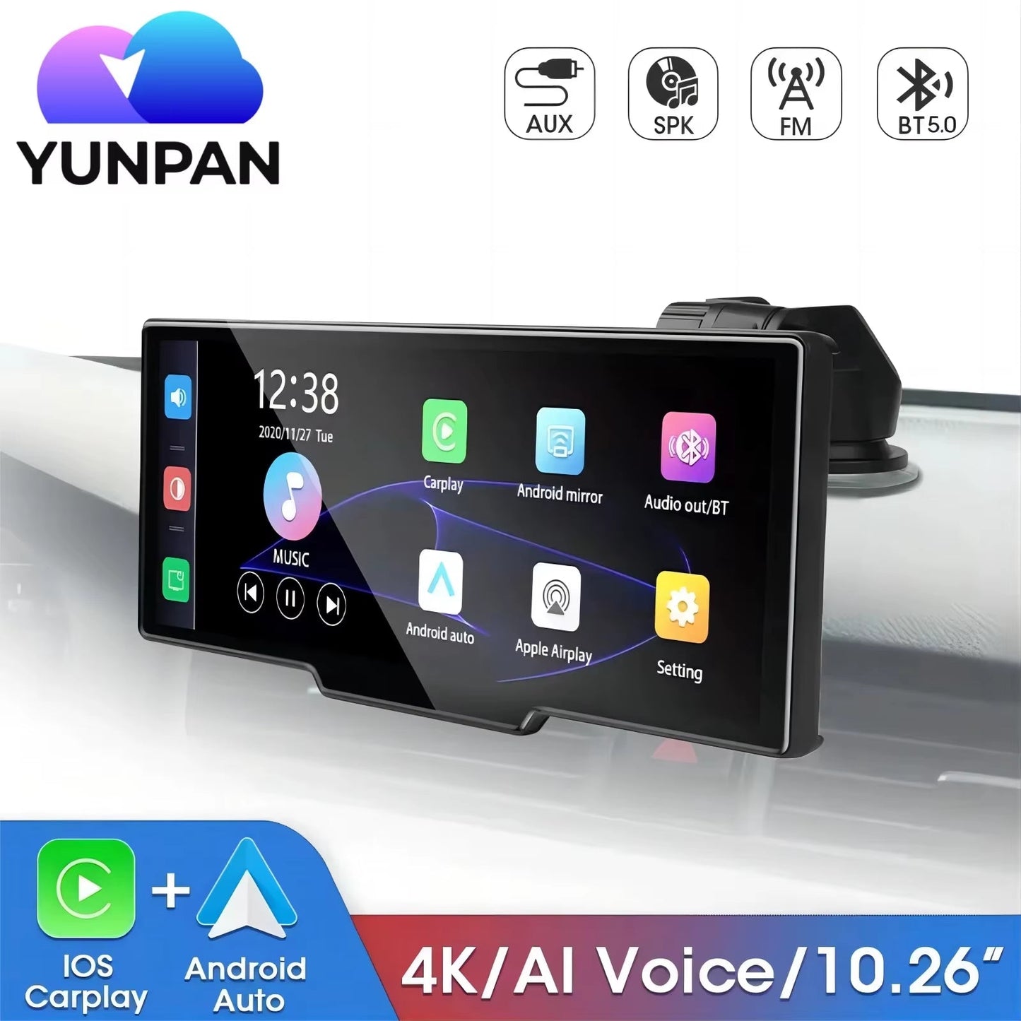 Yunpan 10.26" Dash Cam 4K 2160P Rearview Camera Carplay & Android Auto Dvr Gps Navigation Voice Control Car Dvr 5G Bt Fm Monitor