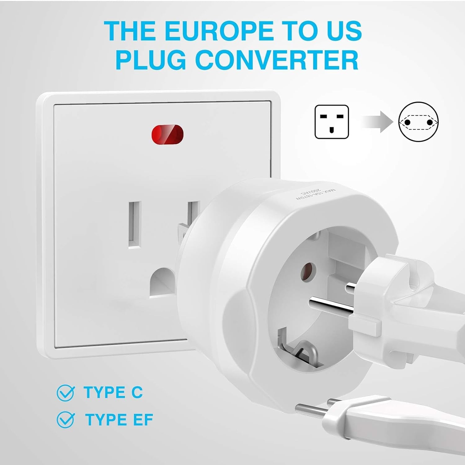 1 Pack Europe to US Plug Adapter,  European to US Plug Adapter, EU to US Plug Adapter, Europe to USA Travel Converter for Most of Europe EU Spain France Type C E F Plugs to US Power Adapter