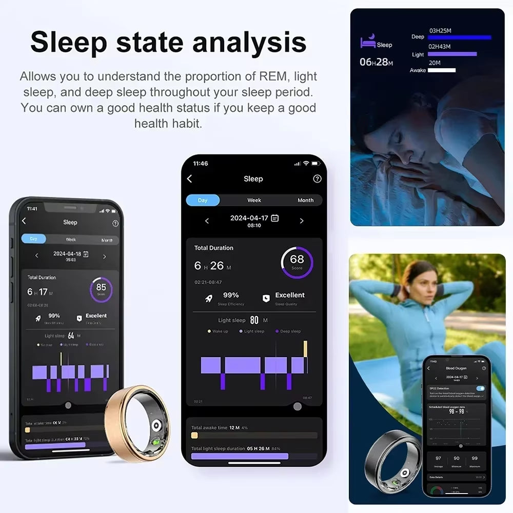 R03 Smart Ring Sleep Health Monitoring IP68 & 3ATM Waterproof Multi Sports for IOS and Android Men Women Smart Ring