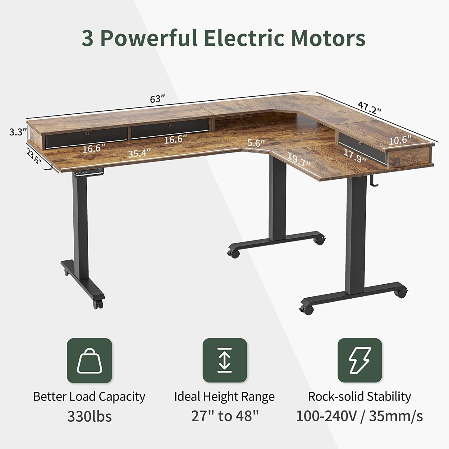 L Shaped Standing Desk with Drawers, Exclusive Upgraded 3 Motors Support 330LBS, Electric Height Adjustable L Standing Desk with Large Monitor Stand, Rustic Brown