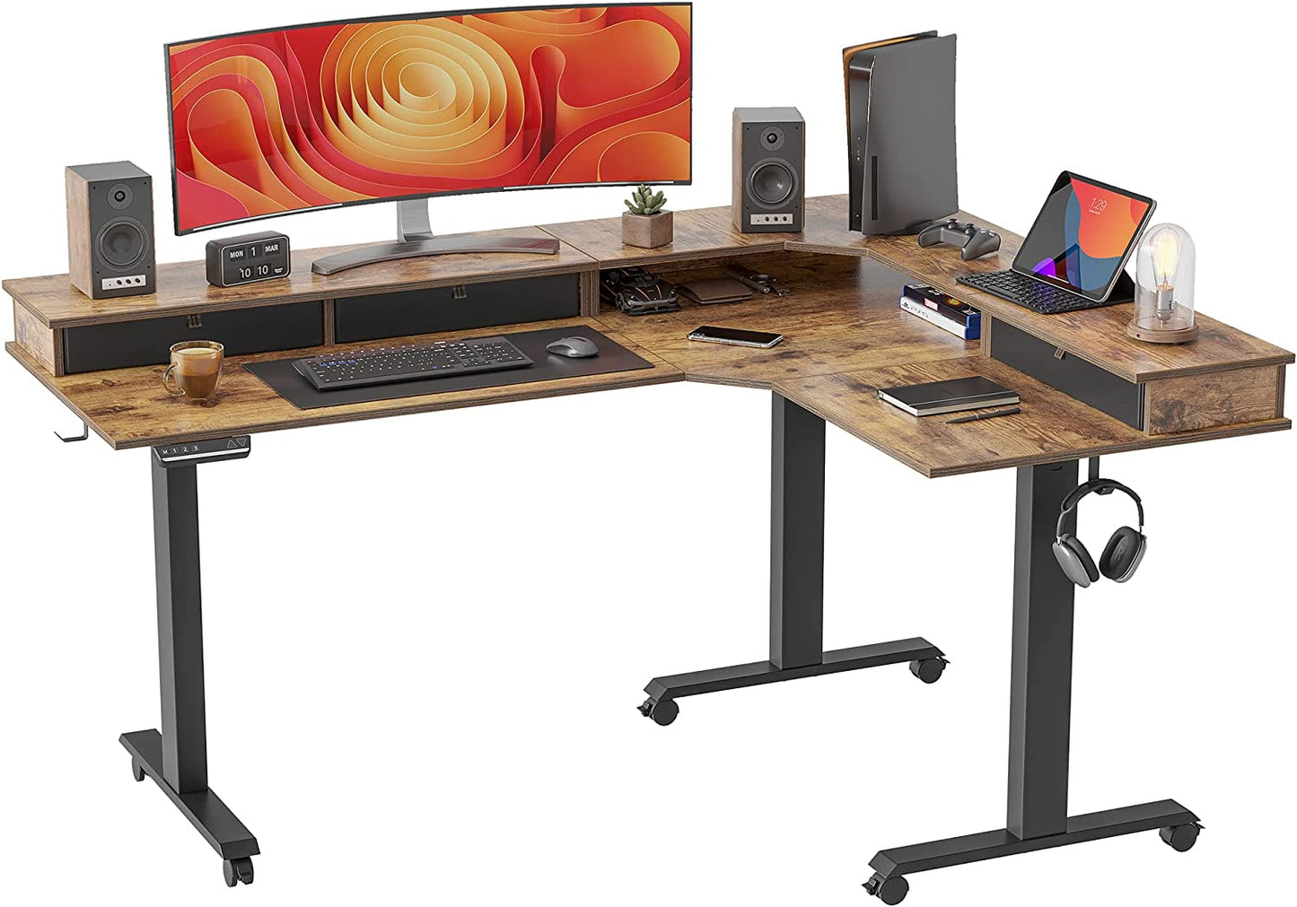 L Shaped Standing Desk with Drawers, Exclusive Upgraded 3 Motors Support 330LBS, Electric Height Adjustable L Standing Desk with Large Monitor Stand, Rustic Brown