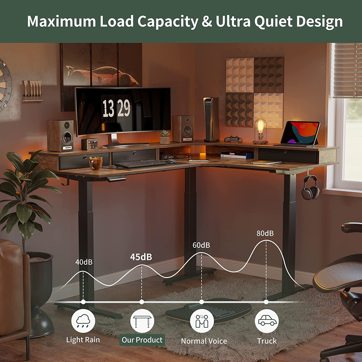 L Shaped Standing Desk with Drawers, Exclusive Upgraded 3 Motors Support 330LBS, Electric Height Adjustable L Standing Desk with Large Monitor Stand, Rustic Brown